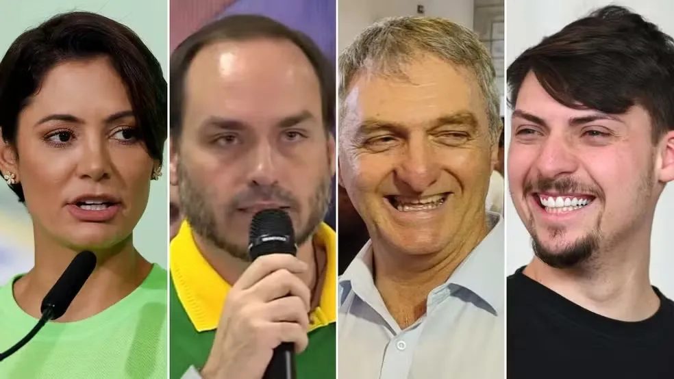 Michelle, Carlos, Renato e Jair Renan Bolsonaro, todos eleitos para o Congresso Nacional em 2026. — Foto: Isac Nóbrega/PR; NSC TV/Reprodução; Evaristo Sa/AFP/Arquivo; Redes sociais